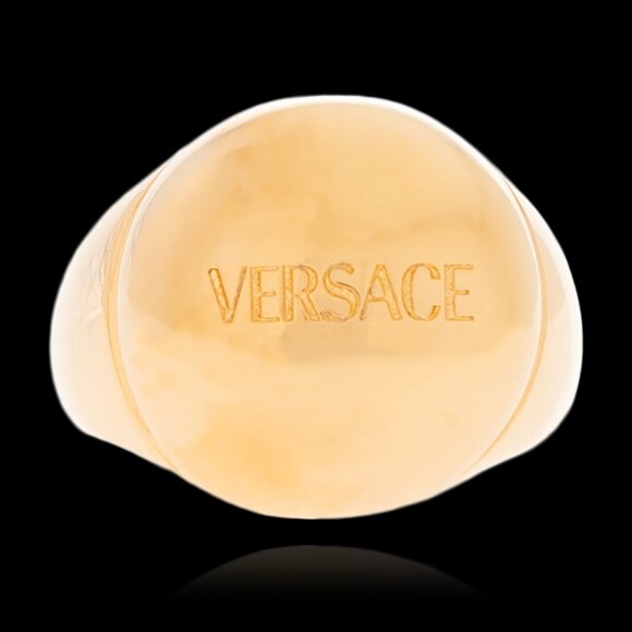 Versace Gold Color Metal Logo Engraved Statement Ring Sz 25